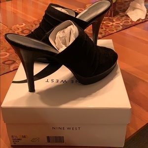 Super cute open toe black suede mules